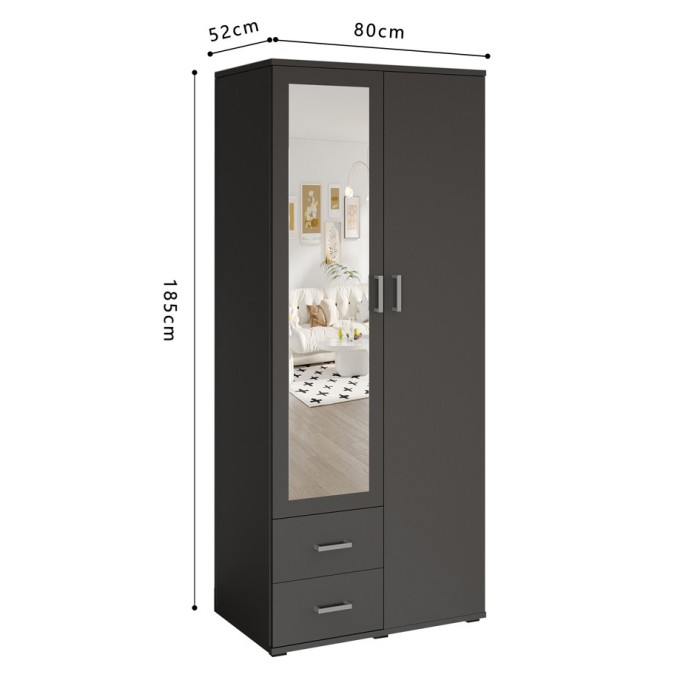Schrank TOM mit 2 Türen, Spiegel und 2 Schubladen in Anthrazitgrau 80 cm