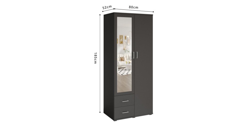 Armoire TOM 2 portes avec miroir et 2 tiroirs gris anthracite 80 cm