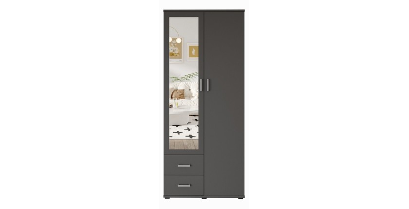Armoire TOM 2 portes avec miroir et 2 tiroirs gris anthracite 80 cm