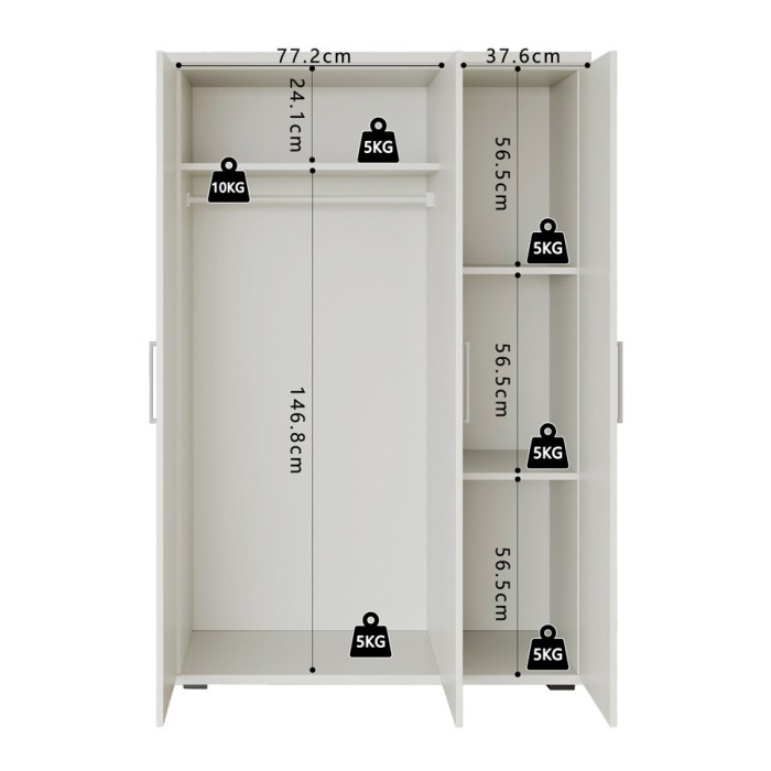 Schrank TOM 3-türig in mattem Weiß mit Kleiderstange 120 cm