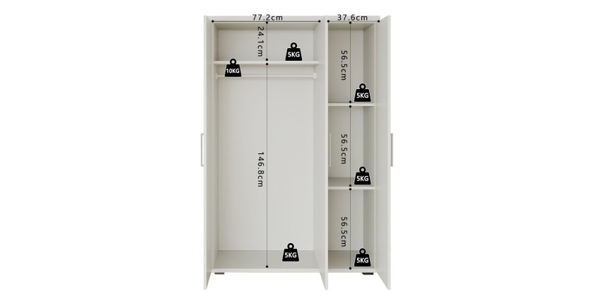 Armoire TOM 3 portes blanche mate avec penderie 120 cm
