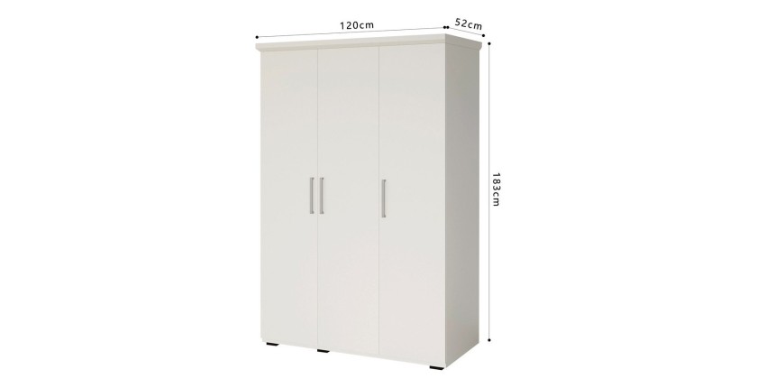 Armoire TOM 3 portes blanche mate avec penderie 120 cm