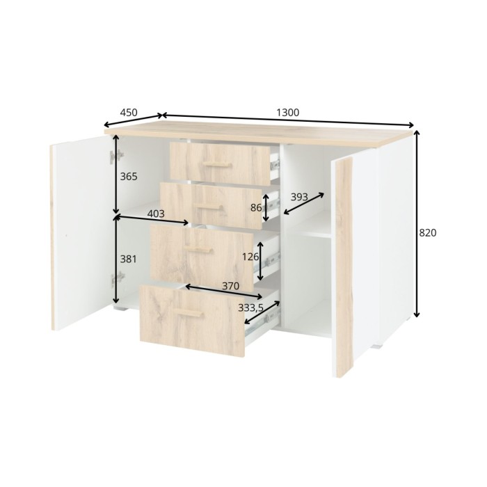 Camera completa WOOD con letto 180 x 200 cm LED, armadio, cassettiera e comodini – Rovere e bianco