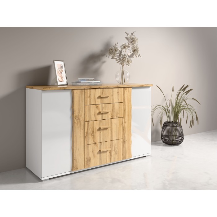 Camera completa WOOD con letto 180 x 200 cm LED, armadio, cassettiera e comodini – Rovere e bianco