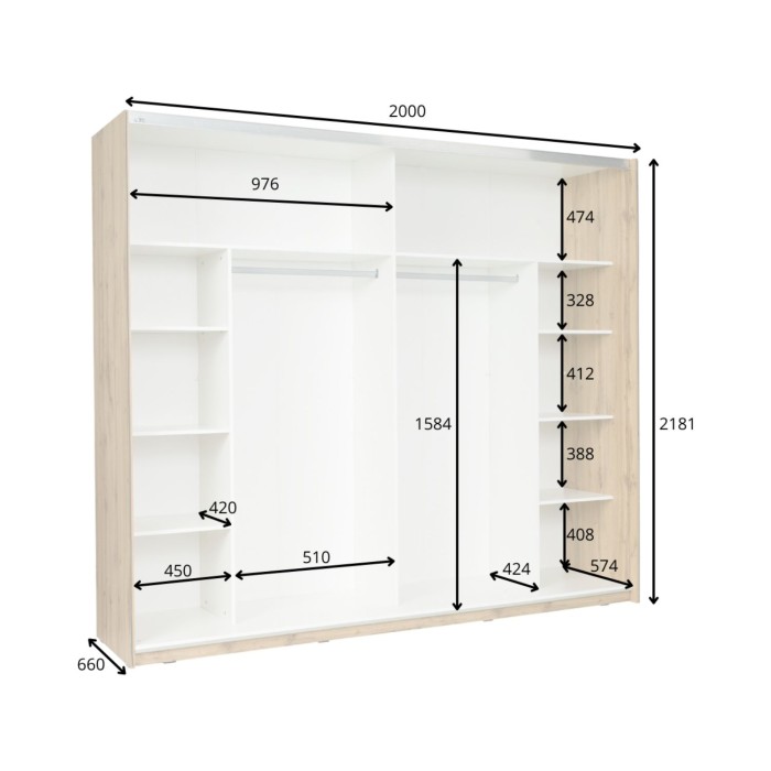 Camera completa WOOD con letto 180 x 200 cm LED, armadio, cassettiera e comodini – Rovere e bianco