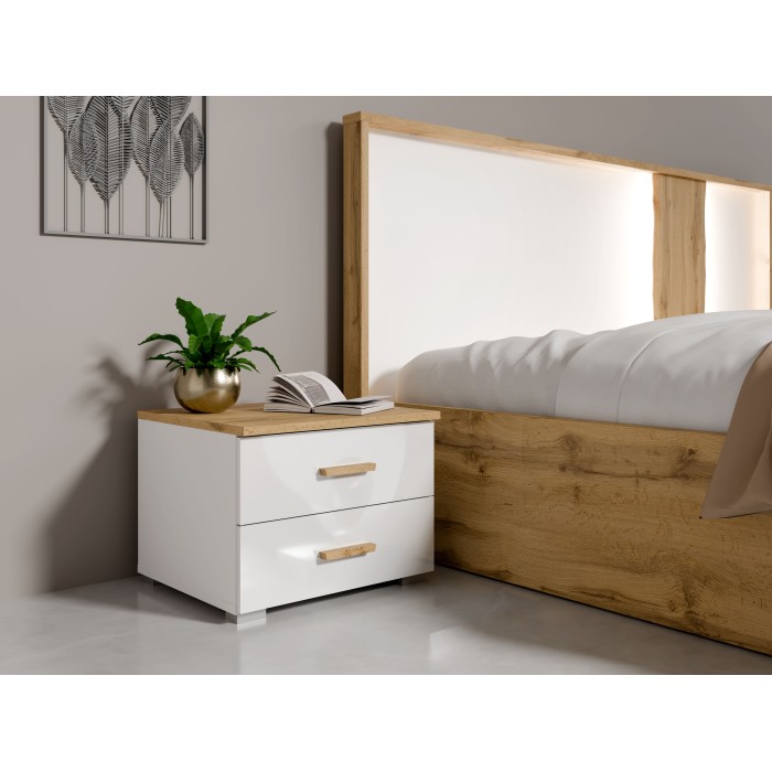 Camera completa WOOD con letto 180 x 200 cm LED, armadio, cassettiera e comodini – Rovere e bianco