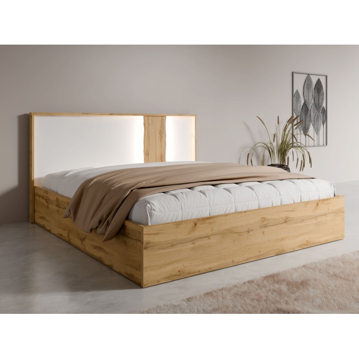 Camera completa WOOD con letto 180 x 200 cm LED, armadio, cassettiera e comodini – Rovere e bianco
