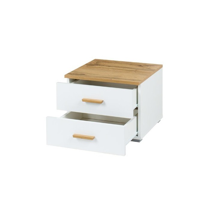 Volledige WOOD slaapkamer met opbergbed 180 x 200 cm LED, kledingkast, dressoir en nachtkastjes – Eiken en wit