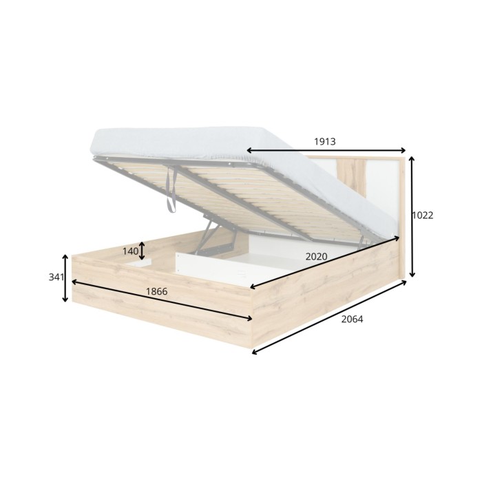 Volledige WOOD slaapkamer met opbergbed 180 x 200 cm LED, kledingkast, dressoir en nachtkastjes – Eiken en wit