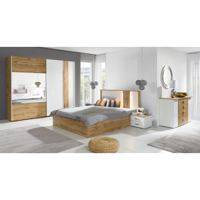 Volledige WOOD slaapkamer met opbergbed 180 x 200 cm LED, kledingkast, dressoir en nachtkastjes – Eiken en wit