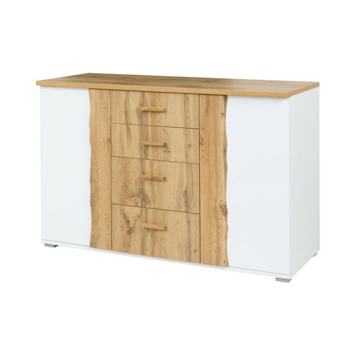 Volledige WOOD slaapkamer met opbergbed 180 x 200 cm LED, kledingkast, dressoir en nachtkastjes – Eiken en wit