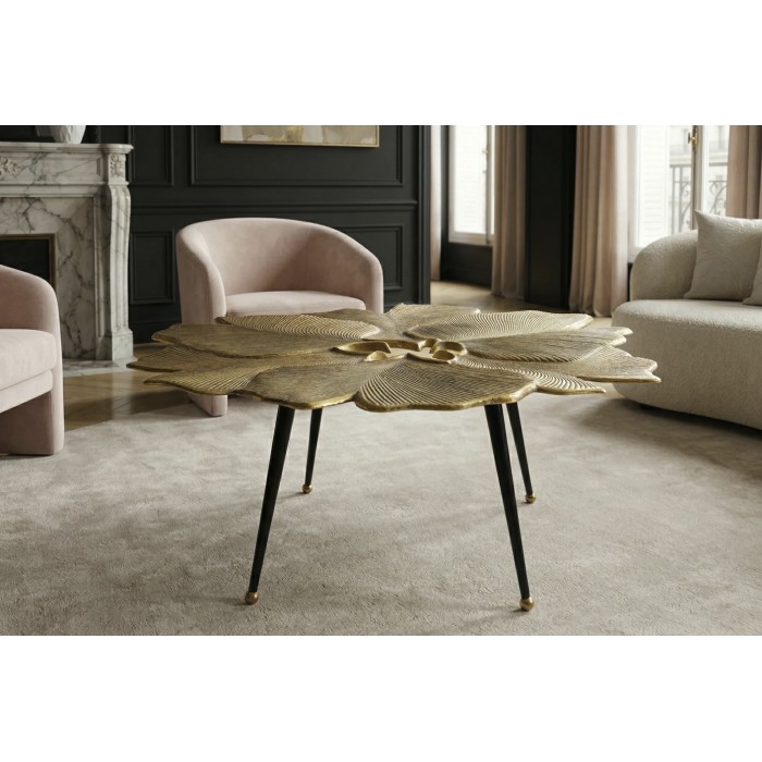 Tavolino basso LOTUSIA dorato 95 cm in alluminio con piano a forma di fiore design