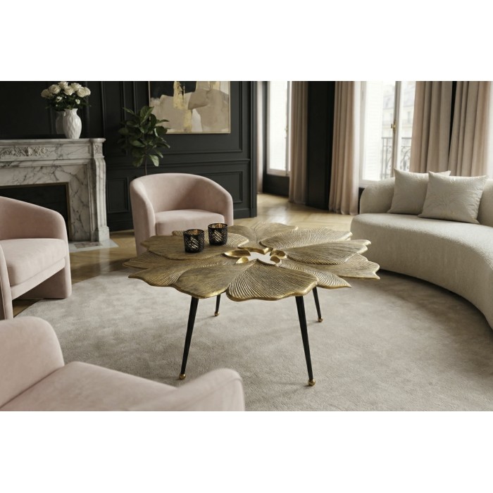Tavolino basso LOTUSIA dorato 95 cm in alluminio con piano a forma di fiore design
