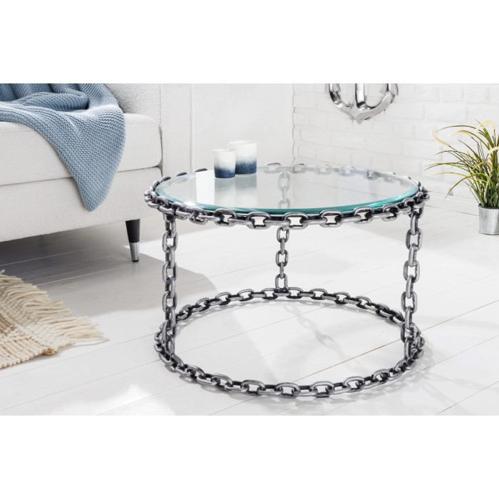Tavolino rotondo FORGIA 63 cm in vetro temperato e struttura catene metalliche argentate