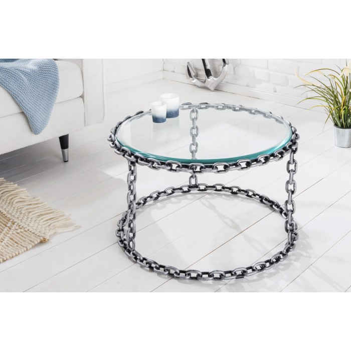 Tavolino rotondo FORGIA 63 cm in vetro temperato e struttura catene metalliche argentate