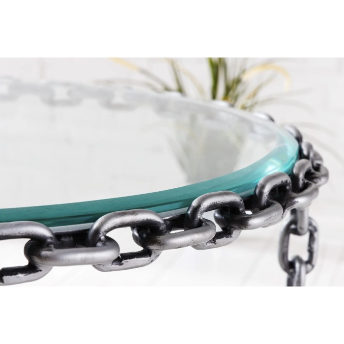 Tavolino rotondo FORGIA 63 cm in vetro temperato e struttura catene metalliche argentate