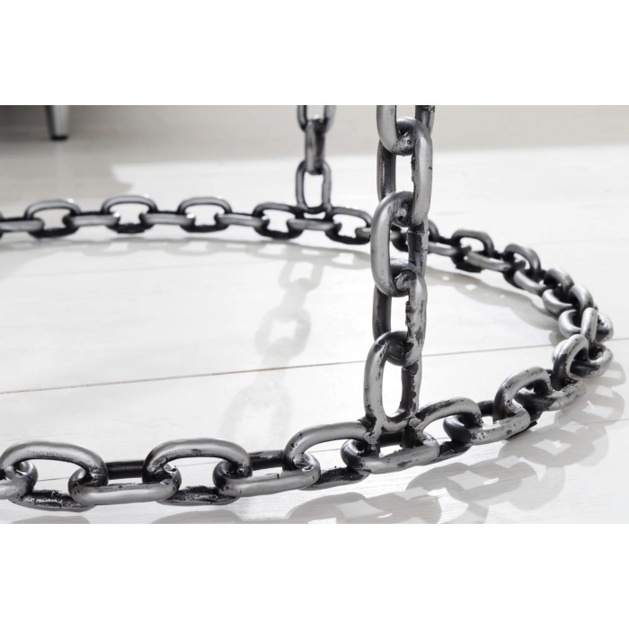 Tavolino rotondo FORGIA 63 cm in vetro temperato e struttura catene metalliche argentate