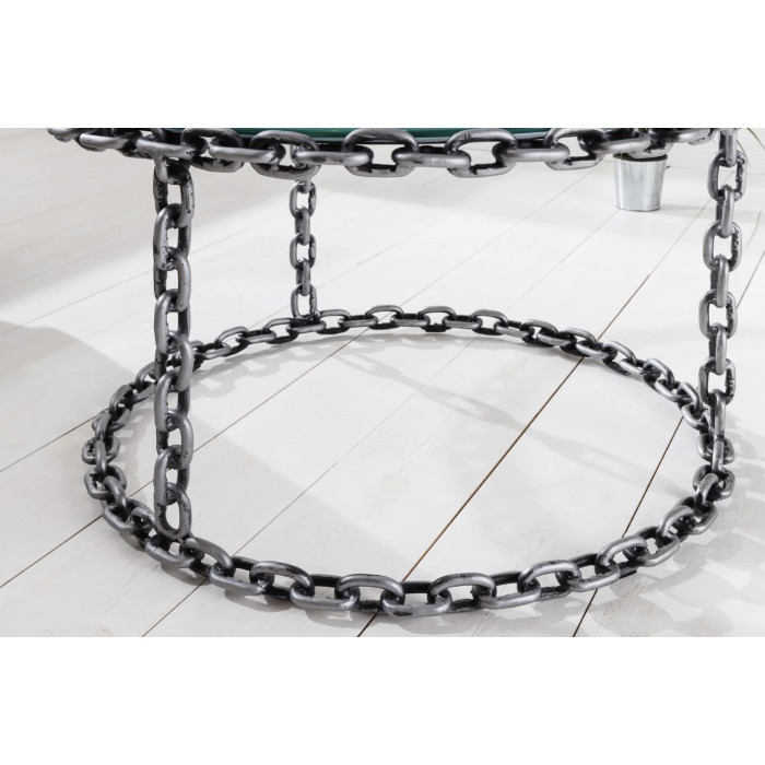Tavolino rotondo FORGIA 63 cm in vetro temperato e struttura catene metalliche argentate
