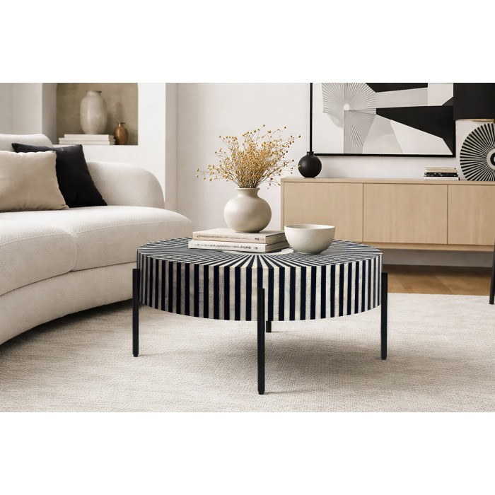 Tavolino basso rotondo ZEBRY 64 cm nero e bianco – Design grafico contemporaneo