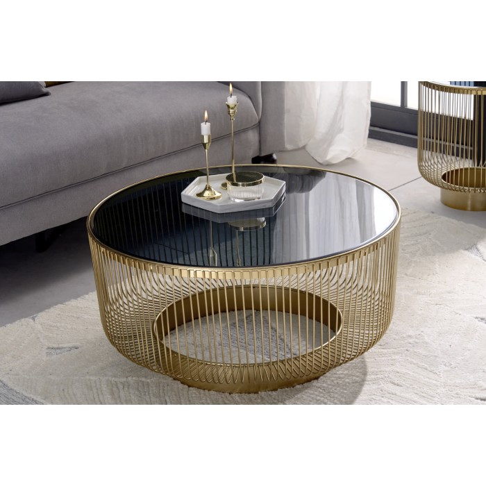 Tavolino rotondo LINEOR 79 cm dorato con piano in vetro temperato