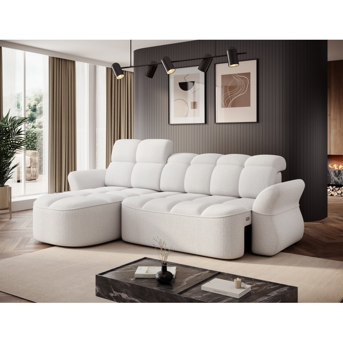 Canapé d’angle gauche convertible BENETHO 301 cm blanc alpin avec coffre 