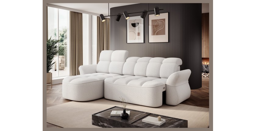 Canapé d’angle gauche convertible BENETHO 301 cm blanc alpin avec coffre 