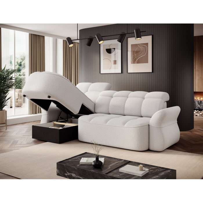 Canapé d’angle gauche convertible BENETHO 301 cm blanc alpin avec coffre 
