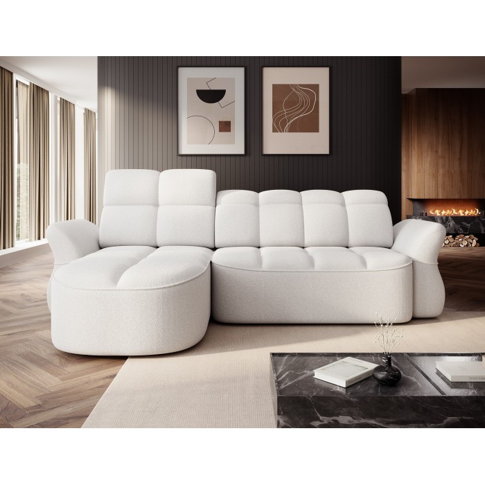 Canapé d’angle gauche convertible BENETHO 301 cm blanc alpin avec coffre 