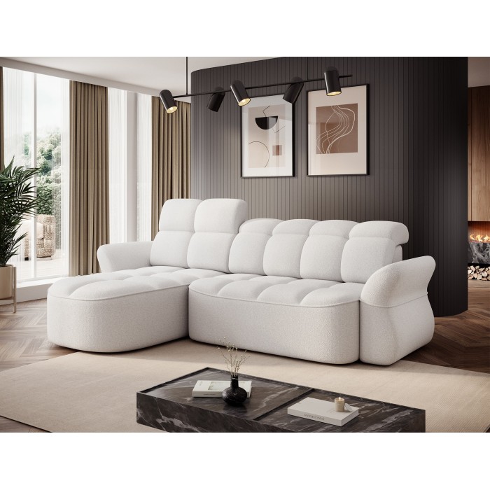 Canapé d’angle gauche convertible BENETHO 301 cm blanc alpin avec coffre 