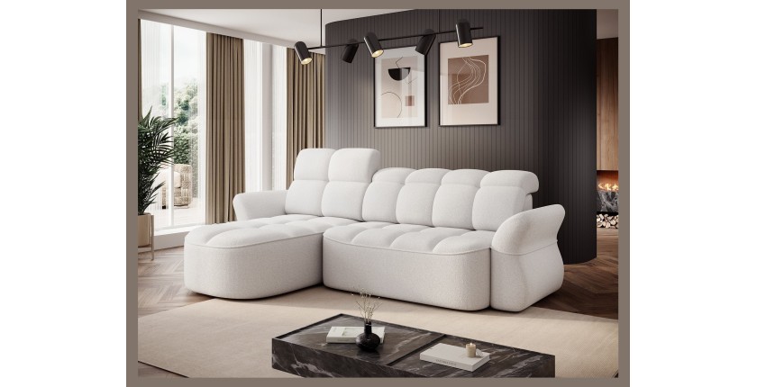 Canapé d’angle gauche convertible BENETHO 301 cm blanc alpin avec coffre 