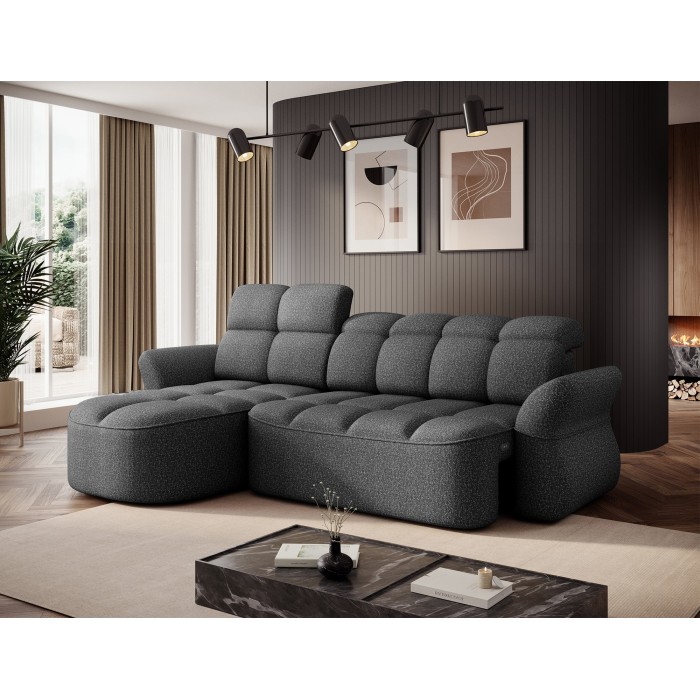 Canapé d’angle gauche convertible BENETHO 301 cm gris chiné avec coffre 