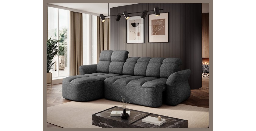 Canapé d’angle gauche convertible BENETHO 301 cm gris chiné avec coffre 