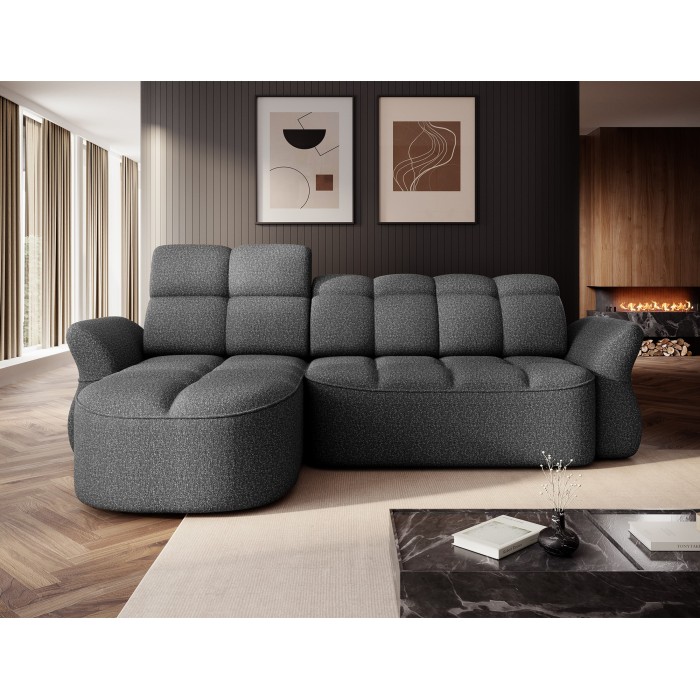 Canapé d’angle gauche convertible BENETHO 301 cm gris chiné avec coffre 
