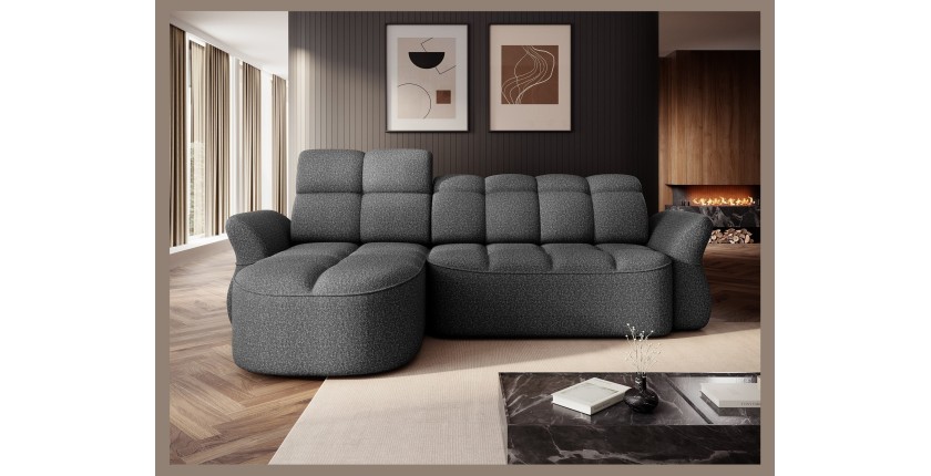 Canapé d’angle gauche convertible BENETHO 301 cm gris chiné avec coffre 