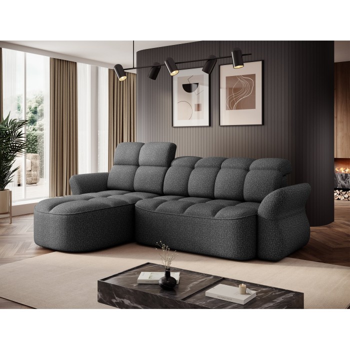 Canapé d’angle gauche convertible BENETHO 301 cm gris chiné avec coffre 