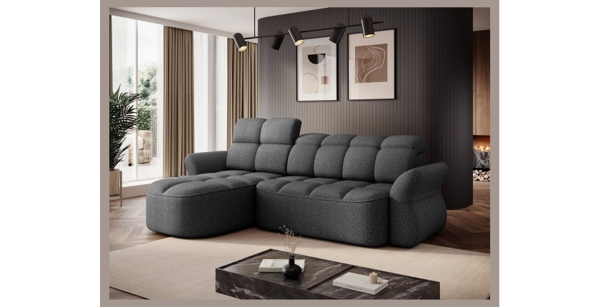 Canapé d’angle gauche convertible BENETHO 301 cm gris chiné avec coffre 