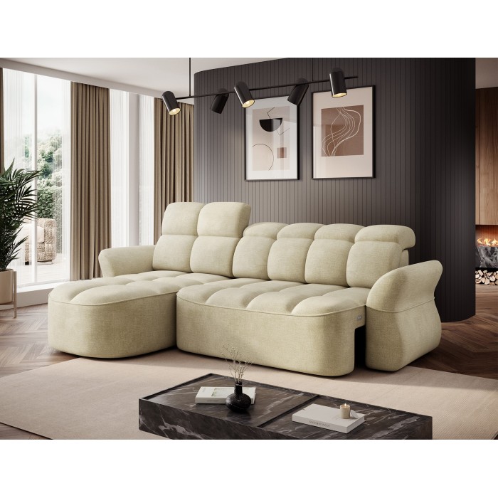 Canapé d’angle gauche convertible BENETHO 301 cm beige avec coffre 