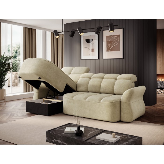 Canapé d’angle gauche convertible BENETHO 301 cm beige avec coffre 