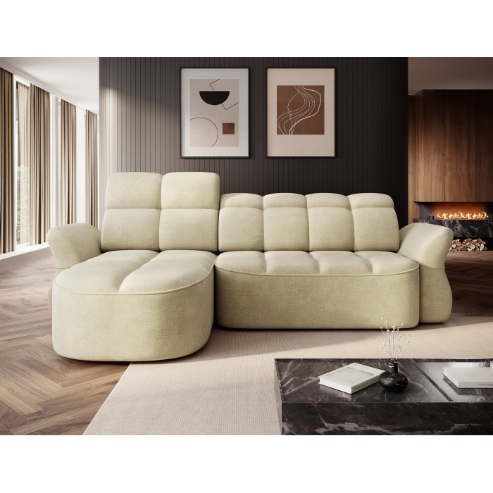 Canapé d’angle gauche convertible BENETHO 301 cm beige avec coffre 