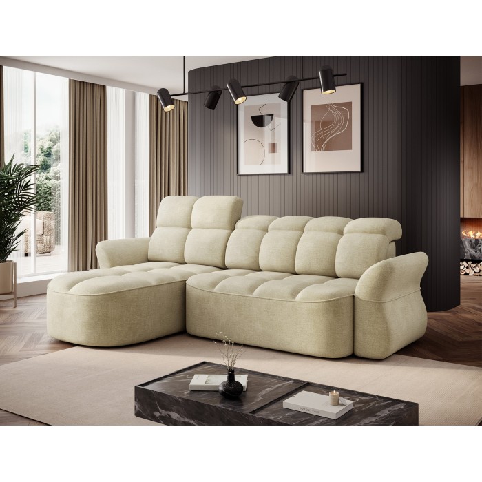 Canapé d’angle gauche convertible BENETHO 301 cm beige avec coffre 