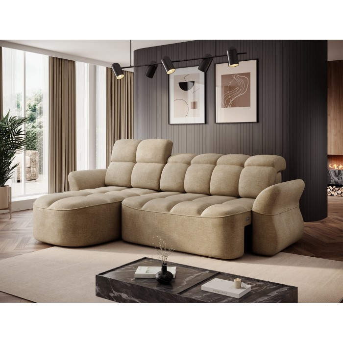 Canapé d’angle gauche convertible BENETHO 301 cm beige foncé avec coffre 