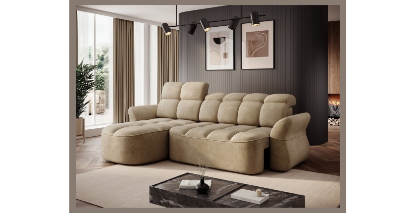 Canapé d’angle gauche convertible BENETHO 301 cm beige foncé avec coffre 