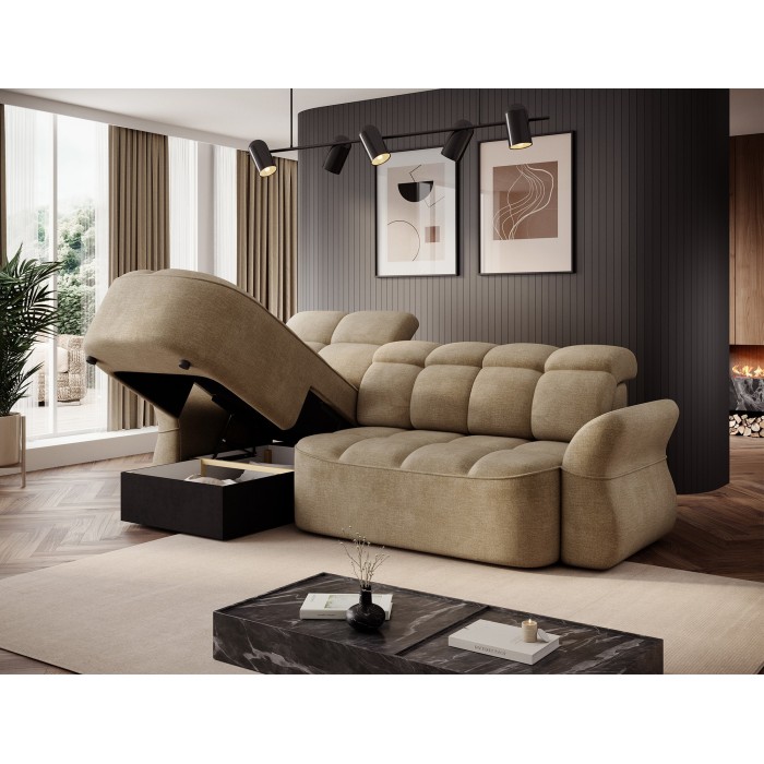 Canapé d’angle gauche convertible BENETHO 301 cm beige foncé avec coffre 