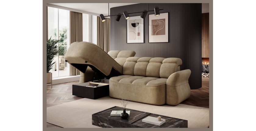 Canapé d’angle gauche convertible BENETHO 301 cm beige foncé avec coffre 