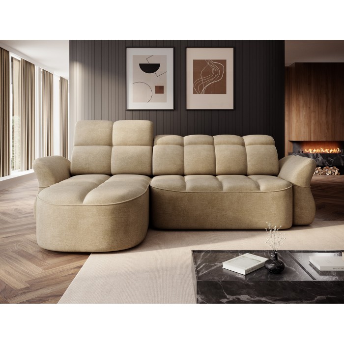 Canapé d’angle gauche convertible BENETHO 301 cm beige foncé avec coffre 
