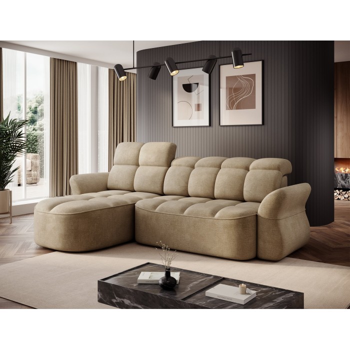Canapé d’angle gauche convertible BENETHO 301 cm beige foncé avec coffre 