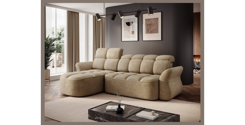 Canapé d’angle gauche convertible BENETHO 301 cm beige foncé avec coffre 