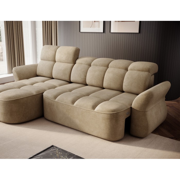 Canapé d’angle gauche convertible BENETHO 301 cm beige foncé avec coffre 