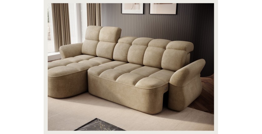 Canapé d’angle gauche convertible BENETHO 301 cm beige foncé avec coffre 