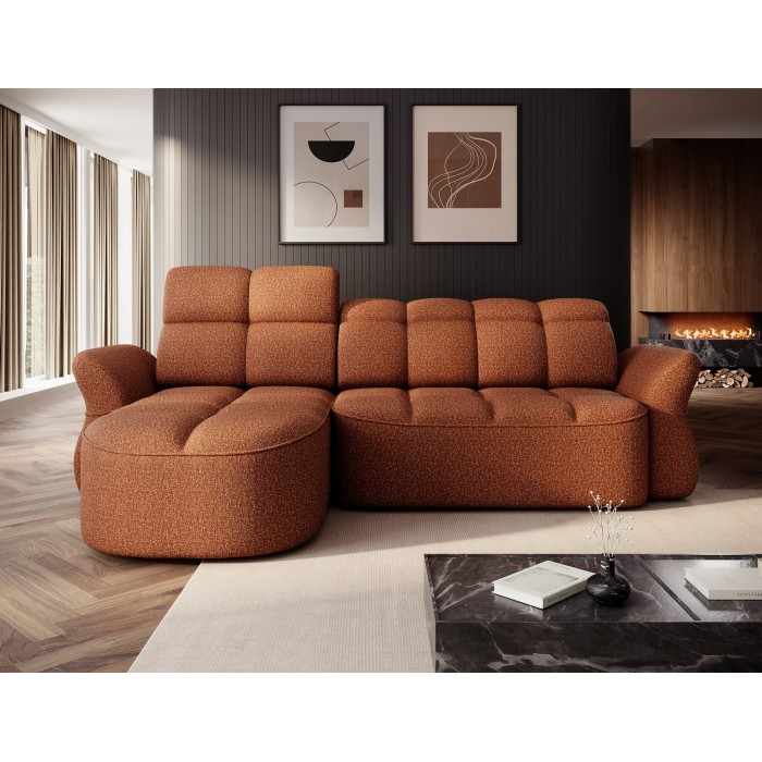 Canapé d’angle gauche convertible BENETHO 301 cm terracotta avec coffre 